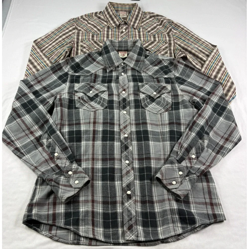 True Religion Western Shirt Mens‎ XL Lot of 2 Plaid Pearl Snap Up Long Sleeve